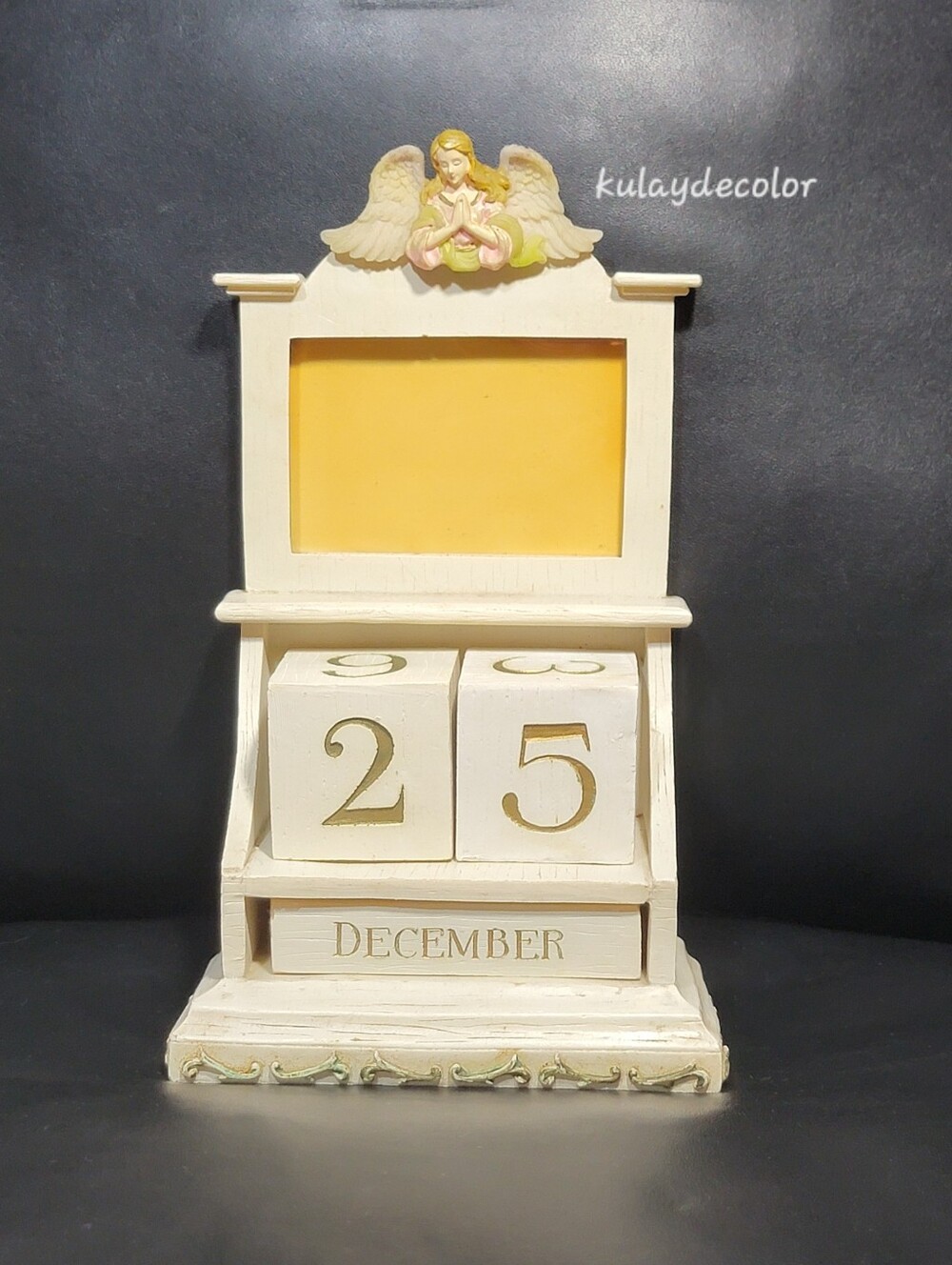 Vintage Praying Angel Perpetual Block Calendar Photo Frame Desk Distressed Decor